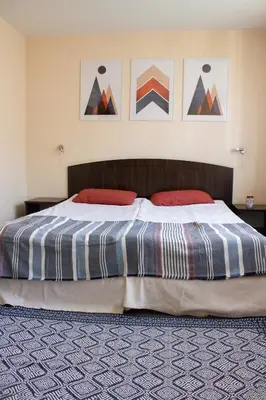 a bedroom with a bed with two red pillows on it at Meteor Family Hotel in Chepelare