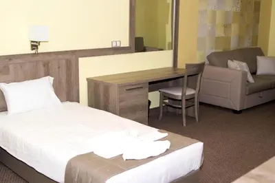 a bedroom with a bed and a desk and a chair at Hotel Etropolia in Etropole