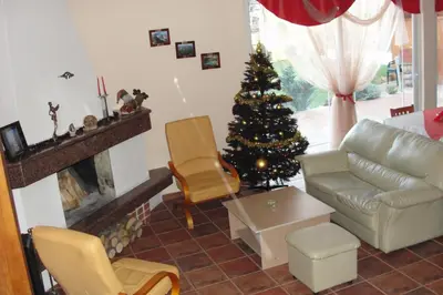 a living room with a christmas tree and a couch at Zasheva Kushta Guesthouse in Bansko