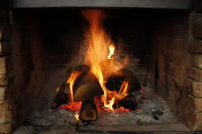 a fire in a brick fireplace with flames at Eco Residence in Ribarica