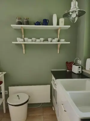 a bathroom with a sink and a toilet and shelves at Eco Residence in Ribarica