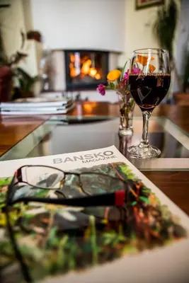 a table with a glass of wine and a book at Bariakov Family Hotel in Bansko