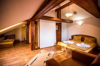 a room with a bed and a couch in it at Vien Guest House in Bansko