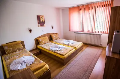 a room with two beds and a tv in it at Vien Guest House in Bansko