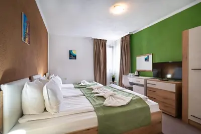 a hotel room with a bed with a green wall at Grami Hotel in Bansko