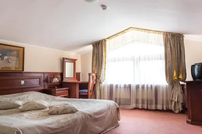 a bedroom with a bed and a large window at Elina Hotel in Pamporovo