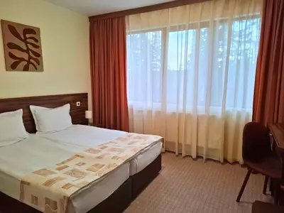 a hotel room with a bed and a large window at Elina Hotel in Pamporovo