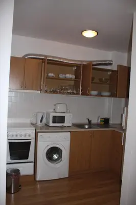 a kitchen with a washing machine and a microwave at Apartment 