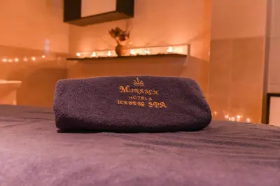 a purple towel with a crown on top of a bed at Hotel Iceberg Bansko in Bansko