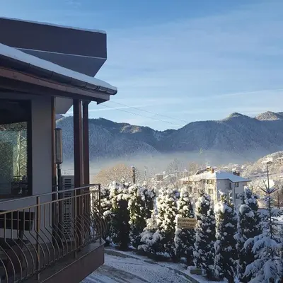 a house with snow covered bushes in front of a mountain at Семеен хотел Кристал in Smolyan
