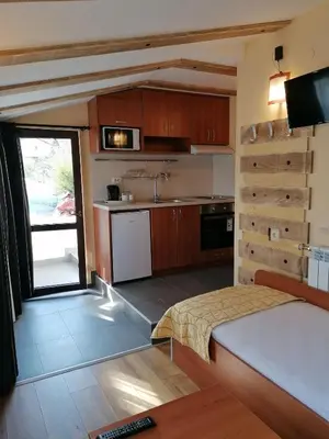 a room with a kitchen and a bed in it at Boutique Guest House IKONOMOV in Bansko