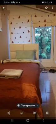 a bedroom with a bed with a wall with bats on it at Libera in Sofia