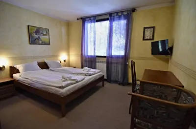 a bedroom with a bed and a desk and a television at Art Spa Villa Gal in Velingrad