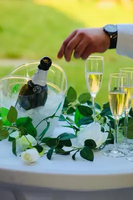 a bottle of champagne on a table with wine glasses at Vakarel Residence in Vakarel