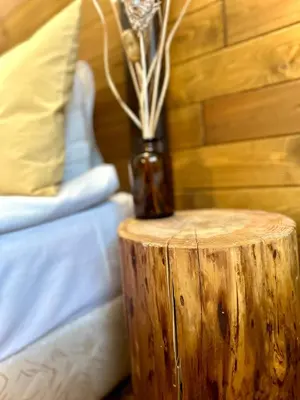 a log side table with a vase on top of a bed at Red House Family house in Bansko