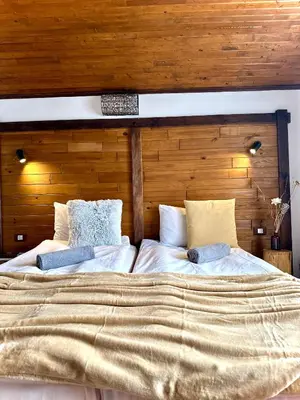 a large bed with two pillows on top of it at Red House Family house in Bansko