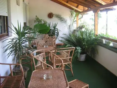 a patio with wicker chairs and tables and plants at Balkanski chanove in Botevgrad