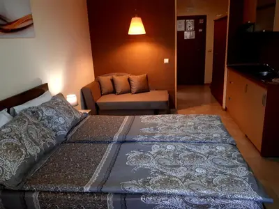 a bedroom with a large bed and a couch at Enjoy Studios and Lovely Apartment Villa Park in Borovets