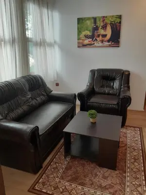 a living room with two leather couches and a coffee table at Mario Complex in Melnik