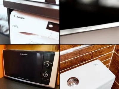 a collage of photos with a microwave and a box at Studio 5 Corners in Sofia