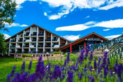 a hotel with purple flowers in front of it at Park Hotel Asarel in Panagyurishte