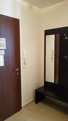 a bathroom with a mirror and a wooden door at Borovest Garden. in Borovets
