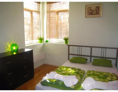 a bedroom with a bed and two windows at Elegance on a Budget - Rooms for Rent in Sofia Center in Sofia