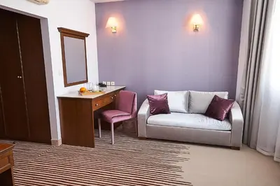 a room with a chair and a desk and a mirror at Hotel Lion Sofia in Sofia