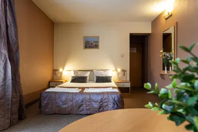a hotel room with a bed with two pillows at Hotel Brod - Free Parking in Sofia