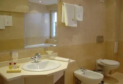 a bathroom with a sink and a toilet and a mirror at Troyan Plaza Hotel in Troyan