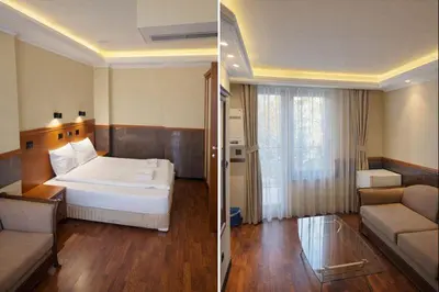 two pictures of a hotel room with a bed and a couch at California Hotel in Sofia