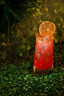 a red drink with an orange slice on top at Rosslyn Central Park Hotel Sofia in Sofia