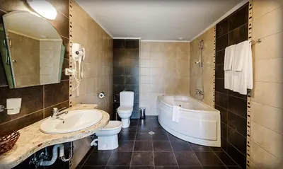 a bathroom with a sink and a tub and a toilet at Alliance Hotel in Plovdiv