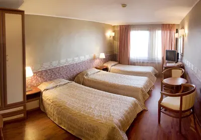 a hotel room with three beds and a television at Aneli Hotel in Bansko