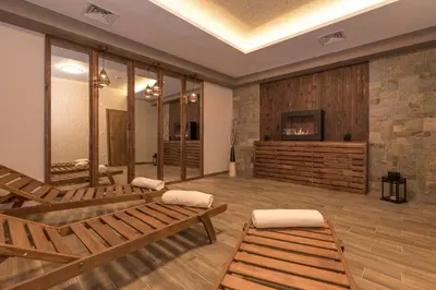 a living room with wooden furniture and a tv at Lion Bansko Hotel in Bansko