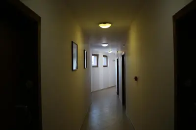 a hallway with paintings on the walls and a light on the ceiling at Kralev Dvor Hotel in Bansko
