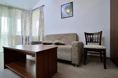 a living room with a couch and a chair at Kralev Dvor Hotel in Bansko