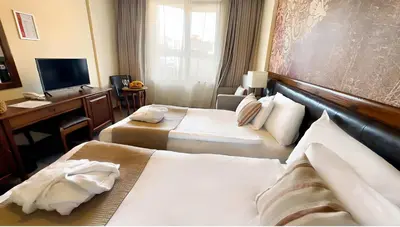 a hotel room with two beds and a desk at Platinum Hotel and Casino Bansko in Bansko