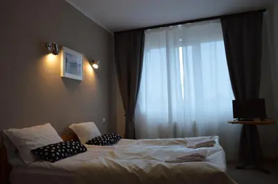 a bedroom with a bed with pillows and a window at Horizont Dobrinishte in Dobrinishte