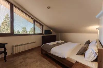 a bedroom with a bed and two windows at Musala Hotel in Borovets