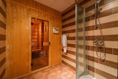 a bathroom with wooden walls and a shower stall at Hotel Ego - Free Parking - Top Central Location in Plovdiv