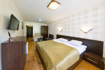 a hotel room with a bed and a flat screen tv at Forest Nook Aparthotel in Pamporovo