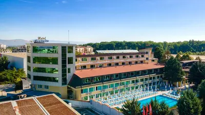 an overhead view of a hotel with a swimming pool at Hotel Montecito in Sofia