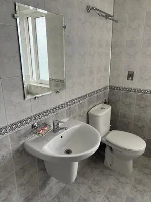 a bathroom with a sink and a toilet and a mirror at ALPHA family HOTEL in Blagoevgrad