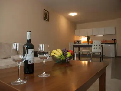 a bottle of wine and two wine glasses on a table at Green Life Family Apartments Pamporovo in Pamporovo