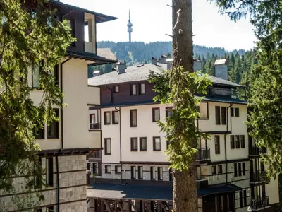 a group of buildings with a tree in the foreground at Green Life Family Apartments Pamporovo in Pamporovo