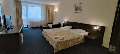 a hotel room with a bed and a television at Finlandia Hotel in Pamporovo