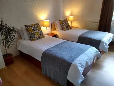 a hotel room with two beds and a potted plant at Michel Hotel in Bansko