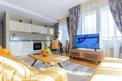 a living room with a couch and a television at Murite Park Hotel in Bansko