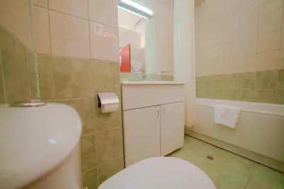 a bathroom with a toilet and a sink and a tub at Apartments Flora-Daisy in Borovets